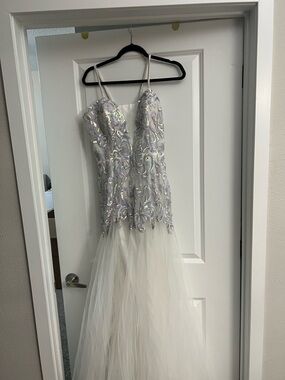 Angela & Alison Silver Sequin Bodice White Tulle Mermaid Gown
